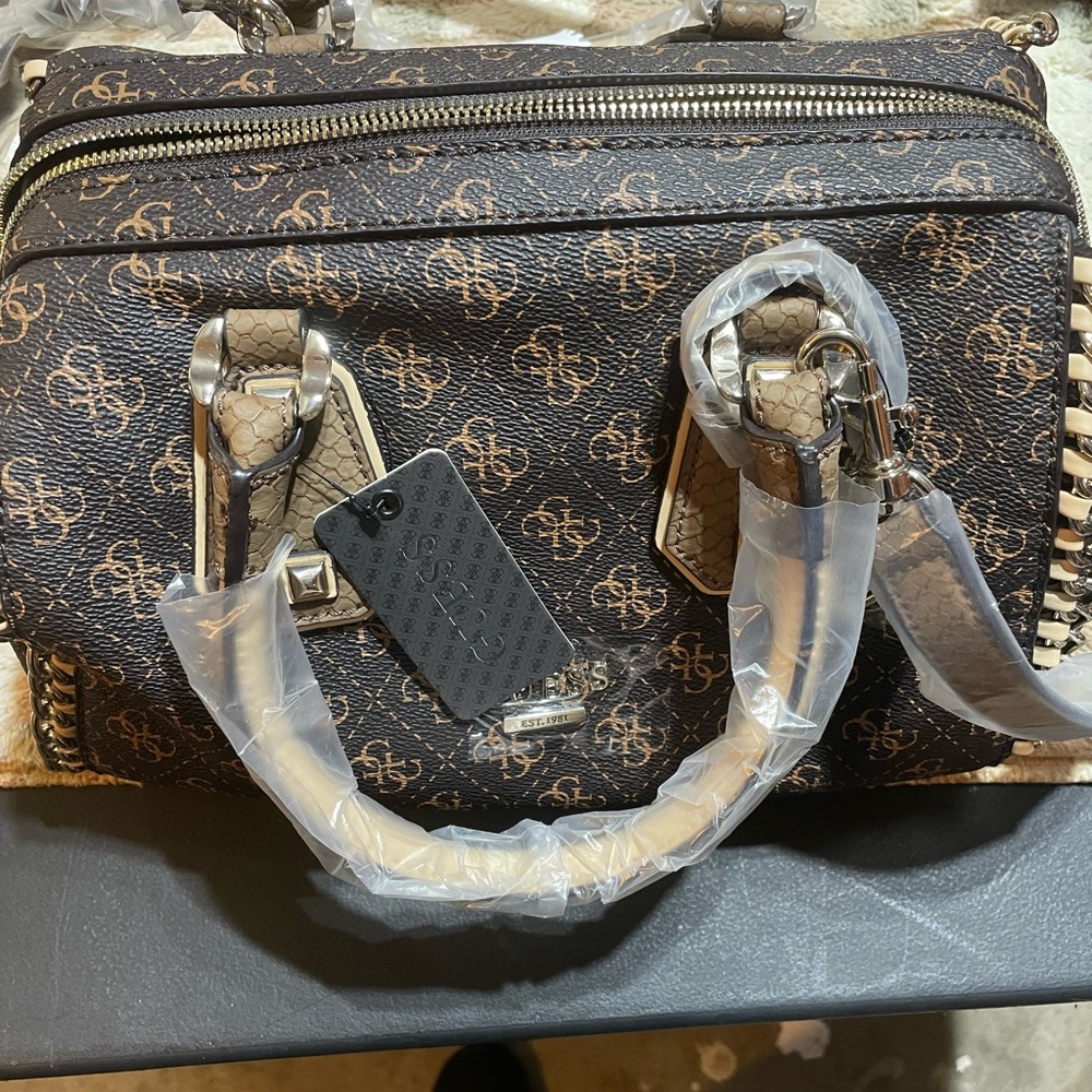Guess Brown Embossed Satchel with Gold Hardware